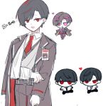  1boy ariake_(ooe) arm_cast arm_sling belt black_belt black_hair black_jacket black_pants black_vest cast chibi chibi_inset commentary cosplay cowboy_shot crossover e.g.o_(project_moon) heart jacket lapels lcb_uniform_(project_moon) limbus_company long_sleeves looking_at_viewer male_focus misuto_(pm_kry) name_tag necktie notched_lapels ooe_(adelta) oosaki_(ooe) open_mouth pants project_moon red_eyes red_necktie roseate_desire_(e.g.o) short_hair simple_background vest white_background 