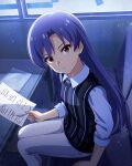  1girl blue_shirt brown_eyes card_commentary closed_mouth collared_shirt commentary_request couch from_side game_asset holding holding_paper idolmaster idolmaster_(classic) idolmaster_million_live! idolmaster_million_live!_theater_days indoors kisaragi_chihaya looking_at_viewer looking_to_the_side official_art on_couch pants paper serious shirt sitting solo striped_sweater_vest sweater_vest third-party_source turning_head white_pants 