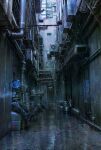  absurdres air_duct alley barrel box broom cardboard_box concrete condenser_unit door flyer highres industrial_pipe no_humans original parkkam77 perspective rain scenery tarpaulin trash_bag 