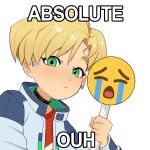  1boy black_choker blonde_hair choker closed_mouth commentary crying_emoji curtained_hair cyberpunk:_edgerunners cyberpunk:_edgerunners_2 cyberpunk_(series) earrings emoji english_commentary english_text green_eyes hand_up highres holding holding_sign hoop_earrings image_macro_(meme) jacket jewelry long_sleeves looking_at_viewer male_focus meme mothscure open_clothes open_jacket parted_bangs portrait red_shirt roman_carax shirt short_hair sign simple_background single_earring skin_seams solo typo uohhhhhhhhh!_(meme) white_background white_jacket 