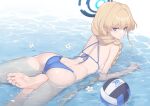  1girl ass back ball barefoot beach bikini blonde_hair blue_archive blue_bikini blue_eyes braid breasts commentary_request dan_(kumadan) feet halo highres long_hair looking_at_viewer lying ocean on_stomach partial_commentary skindentation small_breasts soles solo swimsuit toes toki_(blue_archive) very_long_hair volleyball_(object) 