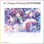  1girl :d black_hair blue_dress blue_skirt boots bow bowtie breasts brooch character_name copyright_name copyright_notice detached_sleeves dot_nose dress english_text green_bow green_bowtie grey_sleeves hair_ornament happy_birthday highres ichikishima_mizuha idol idol_clothes izumi_tsubasu jewelry kirare_idol_uniform knee_boots knees_together_feet_apart knees_up lace-up_boots large_breasts long_hair looking_at_viewer merchandise_available mixed-language_text official_art open_mouth outstretched_arms pink_scrunchie pinstripe_pattern pinstripe_skirt print_scrunchie purple_boots purple_eyes re:stage! sample_watermark scrunchie second-party_source short_dress signature skirt smile solo star_(sky) star_(symbol) star_brooch star_print starry_sky_background striped_clothes striped_skirt thighs translated vertical-striped_clothes vertical-striped_skirt watermark wrist_scrunchie 