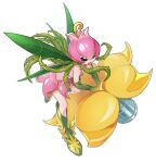  1girl black_eyes boots commentary digimon digimon_(creature) dress fairy flower_as_hat flower_cannon green_boots green_sleeves green_wings hair_vines highres leaf_wings lilimon monster_girl ongheah pink_dress plant_girl plant_hair plant_wings thorns untranslatable_commentary wings 