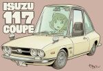  1girl avril_austin beanie blue_eyes brown_background brown_hair car commentary hat isuzu_117_coupe isuzu_motors motor_vehicle open_mouth sekihan shirt signature simple_background solo vehicle_focus vehicle_name white_car white_hat white_shirt zesshaka!_shiritsu_yotsuwa_joshi_gakuin_zetsumetsu_kigu-sha_gakka 