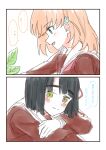  2girls black_hair blunt_bangs blush bob_cut brown_dress cerise_bouquet closed_mouth colored_speech_bubble commentary_request dress green_eyes hair_ornament hasu_no_sora_school_uniform highres hinoshita_kaho leaf long_sleeves love_live! love_live!_hasu_no_sora_jogakuin_school_idol_club medium_hair momose_ginko multiple_girls neckerchief nogreen open_mouth orange_hair profile rabbit_hair_ornament red_neckerchief sailor_collar sailor_dress school_uniform short_hair smile speech_bubble split_mouth thought_bubble translation_request two_side_up virtual_youtuber white_sailor_collar winter_uniform 