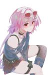  1girl absurdres bare_shoulders black_choker black_shirt bra_strap choker commentary_request cosplay evernight_(honkai:_star_rail) eyewear_on_head fishnet_skirt hair_ornament hairclip highres honkai:_star_rail honkai_(series) jewelry long_hair march_7th_(honkai:_star_rail) memeiradesuyo necklace off-shoulder_shirt off_shoulder pink_hair red_eyes shirt single_leg_warmer sitting solo sparkle_(honkai:_star_rail) sparxie_(candy-coated_waves)_(honkai:_star_rail) sparxie_(honkai:_star_rail) sparxie_(honkai:_star_rail)_(cosplay) stuffed_animal stuffed_toy sunglasses teddy_bear thigh_strap 