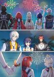  2boys 3girls absurdres alice_thymefield alice_thymefield_(sea_of_thyme) animal_ears bare_shoulders beach belle_(summer_skies)_(zenless_zone_zero) belle_(zenless_zone_zero) black_hair blonde_hair blue_hair blush braid braided_twintails colored_bangs commentary_request dog_boy dog_ears eyewear_on_head fireworks grabbing_another's_hand green_eyes hair_ornament heart heart-shaped_eyewear highres holding jacket komano_manato long_hair mikiseriavoid multicolored_hair multiple_boys multiple_girls night official_alternate_costume one-piece_swimsuit open_mouth outdoors pink_one-piece_swimsuit rabbit_ears red_eyes red_hair sand scar scar_across_eye scar_on_face shirt short_hair sphere_hair_ornament swimsuit twintails two-tone_hair two-tone_one-piece_swimsuit ukinami_yuzuha ukinami_yuzuha_(tanuki_in_broad_daylight) very_long_hair white_one-piece_swimsuit white_shirt wise_(peaceful_waves)_(zenless_zone_zero) wise_(zenless_zone_zero) yellow_eyes yuri zenless_zone_zero 