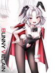  1girl absurdres alternate_costume animal_ears bent_over black_bow black_bowtie black_cape black_leotard black_pantyhose blush bow bowtie breasts cape cleavage clothing_cutout dasom detached_collar drake_(nikke) fake_animal_ears fake_tail goddess_of_victory:_nikke heart_cutout highres leotard medium_breasts navel navel_cutout open_mouth pantyhose parted_bangs playboy_bunny rabbit_ears rabbit_tail red_cape red_eyes short_hair sidelocks smile solo standing strapless strapless_leotard tail two-sided_cape two-sided_fabric white_hair wrist_cuffs 
