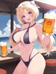  1girl :d absurdres aki_rosenthal alcohol beer beer_mug bikini black_bikini blonde_hair blue_sky bob_cut breasts cleavage cloud commentary_request cowboy_shot criss-cross_halter cup curio_(curiofinity) day full_cleavage halterneck headgear highleg highleg_bikini highres holding holding_cup hololive large_breasts looking_at_viewer low_twintails mug multi-strapped_bikini_bottom naturally_detached_hair navel ocean open_mouth outdoors parted_bangs purple_eyes short_hair sky smile solo stomach swimsuit teeth twintails upper_teeth_only virtual_youtuber 