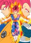  3boys absurdres art_jake aura blue_dougi blue_sash dougi dragon_ball dragon_ball_super earrings highres jewelry male_focus multiple_boys muscular muscular_male potara_earrings red_eyes red_hair saiyan sash son_goku spiked_hair super_saiyan super_saiyan_god vegeta vegetto 