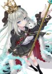  1girl akatsuki_hijiri black_bow black_cloak black_jacket black_skirt blue_eyes blush bow braid breasts cloak collared_shirt commentary_request cropped_jacket crown fate/grand_order fate_(series) fur-trimmed_cloak fur_trim grey_hair hair_bow highres jacket large_breasts long_hair long_sleeves looking_at_viewer morgan_le_fay_(academy_outfit)_(fate) morgan_le_fay_(fate) neck_ribbon ribbon scepter shirt sidelocks skirt smile solo very_long_hair white_shirt 