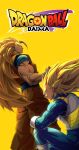 2boys 5002_bus absurdres blonde_hair blue_eyes dougi dragon_ball dragon_ball_daima highres long_hair male_focus multiple_boys no_eyebrows orange_pants orange_tunic pants saiyan saiyan_armor son_goku spiked_hair super_saiyan super_saiyan_3 title tunic vegeta very_long_hair yellow_background 