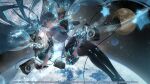  1girl bare_shoulders black_skirt black_sleeves blue_eyes blue_hair blue_nails blue_necktie blue_trim breasts detached_sleeves floating_hair grey_shirt hair_between_eyes hair_ornament hatsune_miku headset highres holding holding_microphone kelezi long_hair microphone musical_note necktie planet shirt skirt sky sleeveless sleeveless_shirt smile solo space speaker star_(sky) starry_sky thighhighs twintails very_long_hair vocaloid 