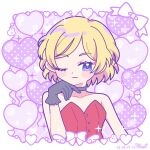  1girl ;) balloon bare_shoulders black_choker black_gloves blonde_hair blue_eyes blush_stickers border choker closed_mouth collarbone commentary_request cropped_torso dated gloves heart heart_balloon highres one-hour_drawing_challenge one_eye_closed pretty_rhythm pretty_rhythm_aurora_dream pretty_series purple_background red_shirt shirt short_hair smile solo sparkle strapless strapless_shirt takamine_mion usaaya white_border 