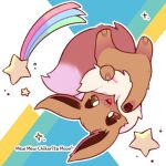  :3 :d animal_focus bright_pupils brown_eyes brown_fur commentary eevee english_text full_body happy highres looking_at_viewer mew_mew_chikorita_moon no_humans open_mouth outline pawpads pokemon pokemon_(creature) rainbow shooting_star smile solo sparkle star_(symbol) upside-down white_outline white_pupils 