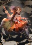  2girls absurdres artist_name barefoot brown_eyes brown_hair closed_mouth collared_shirt commentary_request eighth_note flower hair_flower hair_ornament hairband highres long_hair mituba_ooka multiple_girls musical_note open_mouth purple_eyes purple_hair shirt short_hair siblings sisters touhou tsukumo_benben tsukumo_yatsuhashi twitter_username very_long_hair white_shirt 