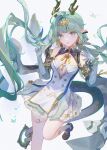  1girl ahoge arknights arknights:_endfield bare_shoulders bead_bracelet beads black_shoes blue_hands bracelet breasts center_opening colored_extremities commentary daeraeband detached_sleeves dragon_girl dragon_horns dragon_tail dress eastern_dragon_horns eastern_dragon_tail floating_hair foot_out_of_frame green_eyes green_hair green_horns hair_bun hands_up highres horns jewelry long_hair looking_at_viewer parted_lips pointy_ears scales shoes si_(arknights) simple_background sleeveless sleeveless_dress small_breasts socks solo tail very_long_hair white_background white_dress white_socks 