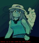  1girl chromatic_aberration closed_mouth commentary disembodied_hand english_commentary english_text frlg.ips ghost ghost_hands hat holding holding_poke_ball indefiniteduration leaf_(pokemon) limited_palette long_hair looking_at_viewer muted_colors partially_submerged poke_ball pokemon pokemon_firered_and_leafgreen porkpie_hat shirt sleeveless sleeveless_shirt solo sweat upper_body wristband 