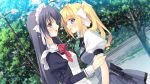  1boy 1girl ahoge apron back_bow back_double_bow black_bow black_bowtie black_dress blonde_hair blue_eyes blue_hair blush bow bowtie crossdressing crossdressing_(mtf) day double_bowtie dress dutch_angle face-to-face frilled_skirt frills from_side game_asset grey_bow grey_bowtie grey_dress hair_bow hair_intakes hand_on_another's_arm kokura_asahi lamppost lapels long_hair long_sleeves looking_at_viewer maid maid_headdress male_maid non-web_source nose_blush official_art open_mouth outdoors plaid_bow plaid_bowtie plaid_clothes profile purple_eyes red_bow red_bowtie road school_uniform self-datamine shirt short_sleeves skirt sleeveless sleeveless_dress standing street suzuhira_hiro trap tree tsuki_ni_yorisou_otome_no_sahou twintails ursule_fleur_jeanmaire white_apron white_bow white_headdress white_shirt wide-eyed 