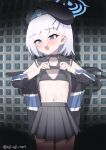  1girl aji_aji_nori bikini black_bikini black_choker black_hat black_sailor_collar black_shirt black_skirt blue_archive blue_eyes blue_halo choker clothes_lift collarbone flat_chest grey_hair halo hat highres lifting_own_clothes looking_at_viewer midriff navel pleated_skirt sailor_collar shirt shirt_lift skirt sleeveless sleeveless_shirt smile solo sumika_(blue_archive) sweat swimsuit twitter_username upper_body 