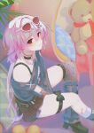  1girl absurdres alternate_costume asymmetrical_legwear bandaid belt choker clothing_cutout commentary_request cosplay evernight_(honkai:_star_rail) eyewear_on_head fishnets hair_ornament hairclip highres honkai:_star_rail honkai_(series) long_hair march_7th_(honkai:_star_rail) memeiradesuyo off_shoulder official_alternate_costume pink_hair plant red_eyes sitting skirt smile sparkle_(honkai:_star_rail) sparxie_(candy-coated_waves)_(honkai:_star_rail) sparxie_(candy-coated_waves)_(honkai:_star_rail)_(cosplay) sparxie_(honkai:_star_rail) sparxie_(honkai:_star_rail)_(cosplay) stuffed_animal stuffed_toy teddy_bear thigh_strap uneven_legwear very_long_hair 