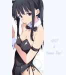  1girl animal_ears arm_strap black_bow black_bowtie black_hair black_hairband black_leotard bow bowtie breasts bunny_day cleavage closed_mouth commentary covered_navel cowboy_shot detached_collar fake_animal_ears fake_tail hairband highres inoue_takina leotard long_hair looking_at_viewer lycoris_recoil medium_breasts nii_manabu playboy_bunny ponytail purple_eyes rabbit_ears rabbit_tail sidelocks signature simple_background solo strapless strapless_leotard tail traditional_bowtie v-shaped_eyebrows white_background wrist_cuffs 