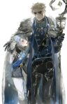  2boys alva_lorenz alva_lorenz_(warden) belt black_gloves black_pants black_sclera blonde_hair blue_eyes bruise bruised_eye cape colored_sclera commentary_request fur-trimmed_cape fur_trim gloves grey_hair hair_slicked_back highres identity_v injury jacket leather leather_gloves long_sleeves looking_at_another male_focus multiple_boys open_mouth pants sanyazhao scar scar_on_face simple_background staff white_background white_pants yaoi 