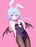  1girl absurdres ace_(playing_card) ace_of_hearts alternate_costume animal_ears bat_wings black_leotard blue_hair blush breasts card chinese_commentary commentary_request covered_navel detached_collar embarrassed fang fishnet_pantyhose fishnets hair_between_eyes hair_ornament heart highres leotard looking_at_viewer medium_hair ohako_miyu open_mouth pantyhose pink_background playing_card pointy_ears rabbit_ears rabbit_hair_ornament red_eyes remilia_scarlet simple_background skin_fang small_breasts solo strapless strapless_leotard touhou twitter_username white_wrist_cuffs wings wrist_cuffs x_hair_ornament 