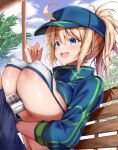  1boy 1girl :d ahoge alternate_breast_size_(larger) areola_slip artoria_pendragon_(fate) asahi_(fullmetal_madness) bikini blonde_hair blue_eyes blue_jacket blue_sky breasts cloud commentary_request day fate/grand_order fate_(series) hair_between_eyes hetero huge_breasts jacket large_areolae mysterious_heroine_xx_(fate) open_mouth outdoors paizuri ponytail short_hair shrug_(clothing) sky smile solo_focus swimsuit white_bikini 
