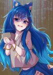  1girl bangle blue_bow blue_eyes blue_hair blue_skirt bow bowl bracelet commentary_request grey_hoodie hair_bow highres holding holding_bowl hood hoodie jewelry long_hair looking_at_viewer open_mouth rital shaded_face short_sleeves skirt solo touhou very_long_hair yorigami_shion 