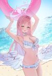  1girl absurdres armpits arms_up beach bikini blue_archive blue_sky breasts cleavage commentary gradient_halo halo highres holding holding_swim_ring large_breasts long_hair looking_at_viewer mika_(blue_archive) mika_(swimsuit)_(blue_archive) multicolored_halo navel ocean official_alternate_costume outdoors pink_hair sky smile solo stomach swim_ring swimsuit very_long_hair white_bikini white_wings wings yellow_eyes yomi_46neko 