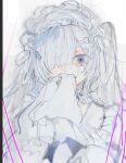  1girl bow commentary crying crying_with_eyes_open dress frilled_hairband frilled_sleeves frills hair_bow hair_over_one_eye hairband highres hina_taira lolita_hairband long_hair long_sleeves looking_at_viewer mahou_shoujo_no_majo_saiban minna_de_zutto_shiawase_ni_kazoku_de_issho_ni_tanoshii_party_wo natsume_an-an official_alternate_costume one_eye_covered purple_eyes simple_background sleeve_bow sleeves_past_fingers sleeves_past_wrists solo spoilers squiggle_eyes straight-on tears untranslatable_commentary upper_body white_background white_dress white_hair white_hairband 