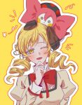  1girl blonde_hair bow bowtie breasts charlotte_(madoka_magica) commentary creature_on_head drill_hair hair_ornament highres korean_commentary long_hair long_sleeves mahou_shoujo_madoka_magica mahou_shoujo_madoka_magica:_hangyaku_no_monogatari medium_breasts mitakihara_school_uniform one_eye_closed open_mouth puffy_sleeves red_bow red_bowtie school_uniform simple_background smile t_dalll tomoe_mami twin_drills twintails upper_body witch_(madoka_magica) yellow_background yellow_eyes 