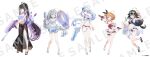  5girls :d ;d ahoge bag bandage_on_thigh bandaged_leg bandages bandaid bandaid_on_cheek bandaid_on_face bare_legs bikini black_hair blue_eyes blue_hair blush braid breasts brown_hair chitose_(stella_sora) closed_mouth clothes_around_waist commentary donna_(stella_sora) female_tyrant_(stella_sora) freesia_(stella_sora) full_body goggles goggles_on_head grey_hair hair_between_eyes hair_ornament hairband highres holding holding_water_gun invisible_floor light_smile lineup long_hair looking_at_viewer medium_breasts multicolored_hair multiple_girls navel official_art oli_o_o one-piece_swimsuit one_eye_closed open_mouth orange_hair ponytail purple_eyes red_eyes sample_watermark sandals sarong shirt shirt_around_waist shoes short_hair shoulder_bag side_braid side_ponytail simple_background small_breasts smile sneakers standing stella_sora stomach swim_ring swimsuit teresa_(stella_sora) transparent_innertube two-tone_eyewear two-tone_hair tyrant_(stella_sora) very_long_hair visor_cap water_gun watermark white_background 
