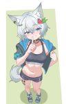  1girl absurdres animal_ear_fluff animal_ears arknights black_jacket black_shoes black_shorts black_sports_bra blue_eyes blue_jacket blue_shoes blush breasts brown_collar collar collarbone commentary_request commission eggplant7217 flower full_body green_background grey_hair grey_shoes hair_between_eyes hair_flower hair_ornament highres hood hood_down hooded_jacket jacket large_breasts legs looking_at_viewer material_growth multicolored_jacket multicolored_shoes navel open_clothes open_jacket original oripathy_lesion_(arknights) shoes short_hair short_shorts short_sleeves shorts simple_background smile solo sports_bra stomach tail teeth thighs two-tone_jacket white_background 