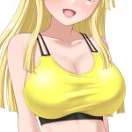  1girl bang_dream! bang_dream!_girls_band_party! blonde_hair breast_focus breasts cleavage commentary_request eyes_out_of_frame head_out_of_frame large_breasts melon_nyugo open_mouth solo sports_bra tsurumaki_kokoro white_background yellow_eyes yellow_sports_bra 