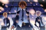  3boys belt black_belt black_jacket black_necktie black_pants blonde_hair brown_hair closed_mouth collared_shirt commentary_request copyright_name dark-skinned_male dark_skin earrings fate/grand_order fate_(series) gilgamesh_(fate) jacket jewelry karna_(fate) male_focus multiple_boys natsushio_(x2i2a) necktie ozymandias_(fate) pants shirt short_hair white_hair 