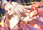  1girl absurdres bamboo bamboo_forest bow collared_shirt commentary_request fire forest fujiwara_no_mokou full_moon grey_hair hair_bow highres ikano_onabe931 long_hair looking_at_viewer moon multiple_hair_bows nature night open_mouth outdoors pants pyrokinesis red_eyes red_pants revision shirt smile solo suspenders touhou very_long_hair white_shirt 