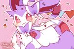  :3 alternate_color artist_name blush bow commentary looking_at_viewer mew_mew_chikorita_moon no_humans pawpads pink_background pink_eyes pokemon pokemon_(creature) purple_fur ribbon smile sylveon two-tone_fur white_fur 