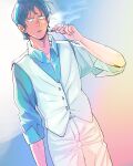  1boy blue_shirt cigarette commentary_request gradient_background gundam highres holding holding_cigarette kai_shiden male_focus mi_(rokudenashi) mobile_suit_gundam pants parted_lips shirt short_hair smoke smoking solo vest white_pants white_vest 