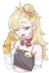  1girl :o ;o absurdres bare_shoulders black_tube_top blonde_hair breasts crop_top detached_sleeves gloves goggles goggles_around_neck green_eyes hair_bun hand_up highres long_hair looking_at_viewer one_eye_closed open_mouth piper_wheel reim1k simple_background small_breasts solo spiked_shirt strapless tearing_up tube_top upper_body white_background yawning yellow_gloves zenless_zone_zero 