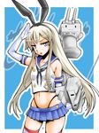  :3 anchor blonde_hair blue_background elbow_gloves gloves grey_eyes hairband kantai_collection long_hair navel open_mouth paki_aki rensouhou-chan salute shimakaze_(kantai_collection) skirt striped striped_legwear thighhighs white_gloves 