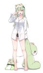  1girl :o absurdres arm_at_side barefoot black_panties blush bow bow_panties breast_pocket breasts chico_(yuzuha_riko) cleavage collared_shirt commentary_request creature daltokki34 dress_shirt full_body green_hair hand_up highres holding holding_stuffed_toy korean_commentary large_breasts long_hair long_shirt long_sleeves mask mask_on_head no_pants one_eye_closed open_mouth panties partially_unbuttoned pillow pocket shirt simple_background sleep_mask sleeve_cuffs sleeves_past_wrists solo standing stellive straight_hair stuffed_animal stuffed_toy unbuttoned_sleeves underwear virtual_youtuber waking_up white_background white_shirt yawning yuzuha_riko 