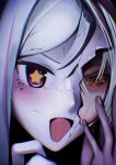  1girl animegao blue_archive broken_mask close-up commentary cracked_kawaii_mask cracked_mask crying crying_with_eyes_open fingernails hand_on_own_cheek hand_on_own_face highres kigurumi mask oekaki_nyagama portrait smile solo star-shaped_pupils star_(symbol) suzumi_(blue_archive) suzumi_(magical)_(blue_archive) symbol-shaped_pupils tears untranslatable_commentary white_hair 