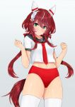  1girl animal_ears black_sailor_collar blush breasts buruma closed_mouth commentary_request ear_covers feather_hair_ornament feathers green_eyes hair_between_eyes hair_ornament highres horse_ears horse_girl horse_tail long_hair looking_at_viewer low_twintails m172/minatsu midriff_peek navel necktie red_buruma red_hair red_necktie sailor_collar sailor_shirt shirt short_sleeves simple_background small_breasts smile solo tail thighhighs thighs twintails umamusume white_shirt white_thighhighs win_variation_(umamusume) 