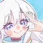  1girl airi_venturi_(whytrashearth) blue_background blue_eyes blush blush_stickers borrowed_character closed_mouth commentary commission english_commentary eyelashes hair_ornament hand_up highres original outline portrait shading_eyes shiya_tan00 smile solo split_mouth white_hair white_outline 