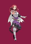  1girl :d armor armored_boots bad_id bad_pixiv_id bare_shoulders belt black_belt black_sleeves boots breastplate breasts brown_thighhighs choker cleavage detached_sleeves earrings frilled_choker frilled_skirt frills full_body gem green_eyes grey_armor grey_boots highres jewelry long_hair looking_at_viewer malty_s_melromarc medium_breasts metal_choker minami_seira official_art open_mouth outstretched_arm princess promotional_art purple_choker purple_skirt purple_trim red_background red_gem red_hair red_lips simple_background skirt smile solo tassets tate_no_yuusha_no_nariagari thighhighs vambraces 
