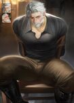  1boy arms_behind_back bara beard black_boots black_shirt blush boots bound bound_arms brown_pants chair cleave_gag closed_eyes cloth_gag collared_shirt facial_hair feet_out_of_frame gag gagged grey_eyes grey_hair hair_slicked_back highres igor_(reverse:1999) improvised_gag indoors looking_at_viewer male_focus mature_male muscular muscular_male old old_man on_chair paid_reward_available pants pubic_hair restrained reverse:1999 shirt short_hair sitting solo sweat uyouu19 wooden_chair 