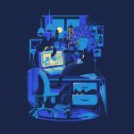  at_computer blue_theme book cat chair commentary computer cuhelski desk indoors laptop looking_at_another monitor night no_humans office office_chair original plant playing potted_plant scarf shelf silk spider_web swivel_chair table umbrella video_game 