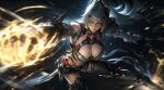  1girl ahoge armored_boots bare_shoulders black_shorts body_markings boots breasts cleavage clenched_hand closed_mouth colored_eyelashes commentary_request erdos_helia erdos_helia_(planar_armament:_warped_spacetime) gauntlets grey_hair hair_intakes hair_ornament highres honkai_(series) honkai_impact_3rd knee_boots large_breasts long_hair looking_at_viewer navel orange_eyes ponytail punching shorts solo stomach wo_jiushi_kanbudong 